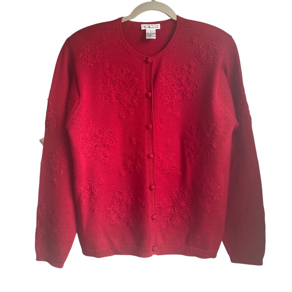 VTG Talbots Large Red Embroidered Wool Cardigan Sweater Old Money*Read